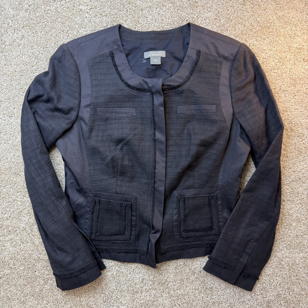 Ann Taylor Jacket Womens 12 Black Tweed Collarless Fringe Blazer Lined Pockets